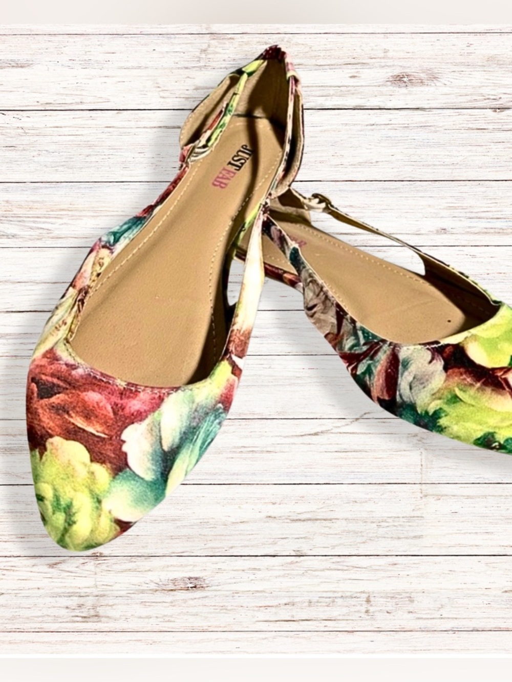 FLORAL SHOES Flats Flower Print Open Side Almond Toe Green Pink Womens SZ 5 1/2